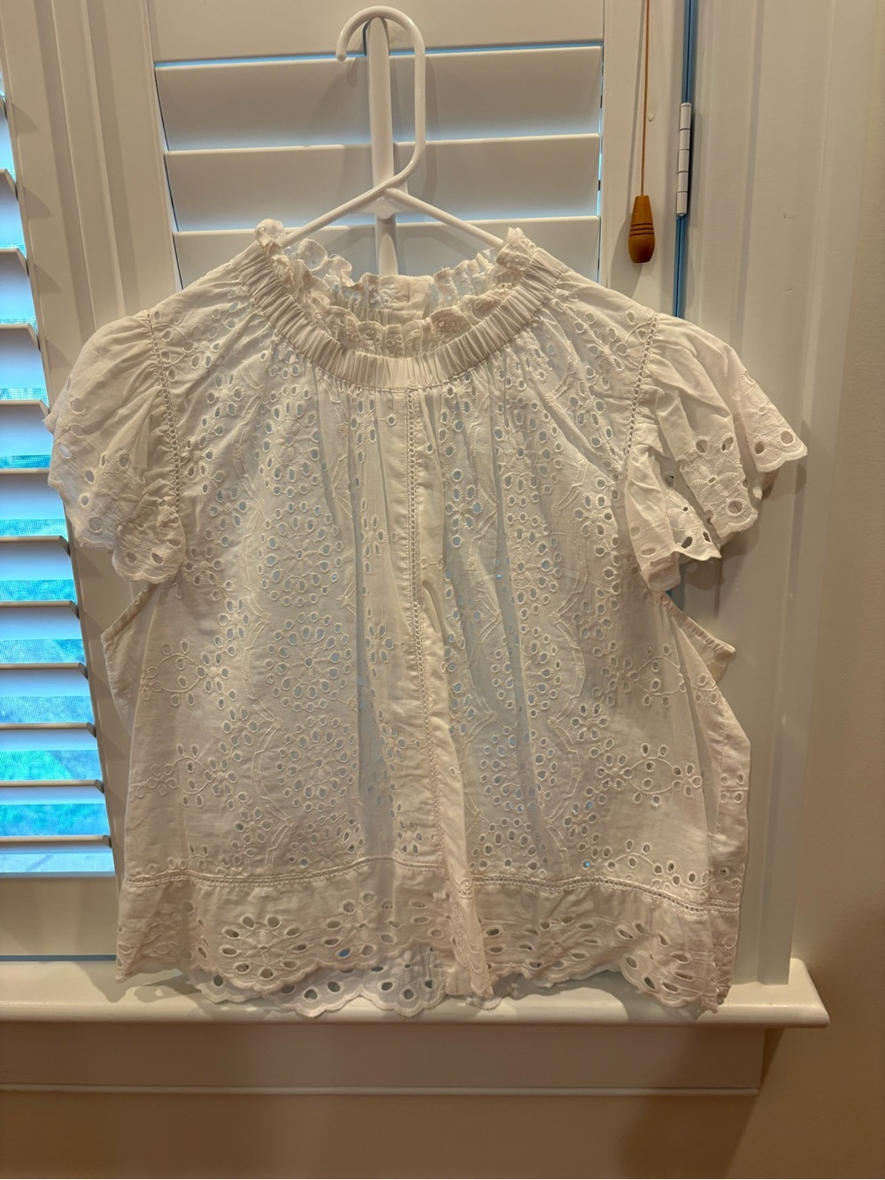 White Eyelet Smocked Neck Blouse
